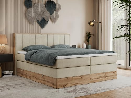MKS MEBLE King Boxspringbett 200x200 Mit Bettkasten Eiche, Polsterbett Mit Matratze H4, Rahmen in Wotan Eiche und Kopfteil - Beige Velvet - Bellissimo King