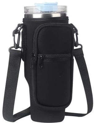 LAWALEISHE Water Bottle Carrier Bag for Stanley Cup, Holder With Adjustable Shoulder Strap & Phone Pocket, Fashion Pouch Fits Stanley 40oz Tumbler for Hiking Camping (Black)