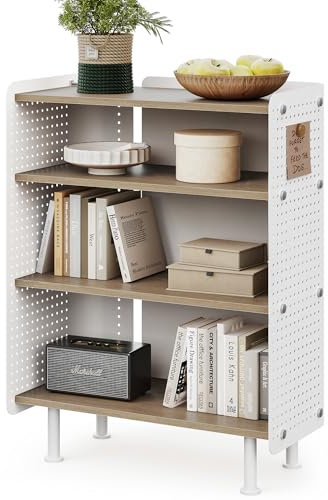 Fenge 4 Etagen Bücherregal Modern Lagerregal mit Pegboard Multifunktionales Lagerschränke mit Verstellbarem Regal für Wohnzimmer, Schlafzimmer, Heim, Büro (Eiche)