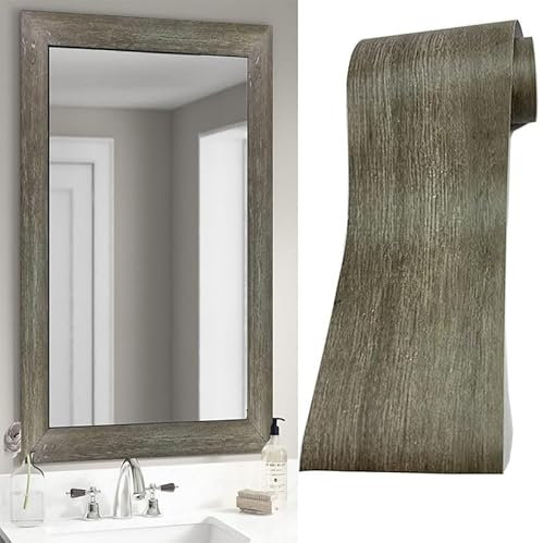 DESOMINOR Borde gris de 11 yardas para despegar y pegar, borde de madera gris, extraíble, impermeable, marco de espejo de baño adhesivo