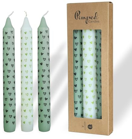 COMFORDER Set di candele stampate, 3 candele da tavola con motivi – piccoli cuori, 20 cm, 7 ore di durata (verde + bianco)
