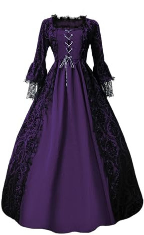 Velcoxplay Robe à manches longues pour femme - Style victorien, Renaissance médiévale, gothique, lolita, fête, rococo - Robe longue - Violet - Taille M