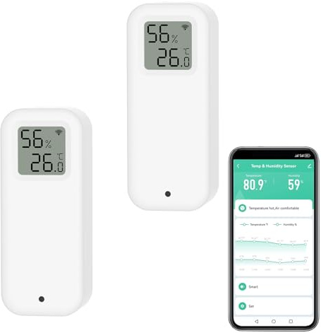 Termometro Igrometro Intelligente Digitale, Sensore di Temperatura e Umidità WiFi con Fodera Magnetica Autoadesiva, Sensore di Temperatura di Calibrazione con Notifiche dell'App.Compatibile Alexa.2PCS