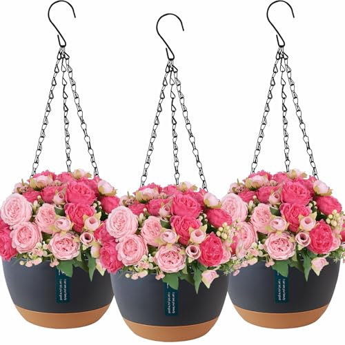 Lighterday 3 Stück Blumenampel Hängend für Außen Innen,Blumentopf Hängend Hängetopf für Pflanzen,Hängetöpfe mit Drainagelöchern und Untersetzer,Hängblumentöpfe für Garten Balkon (Schwarz)