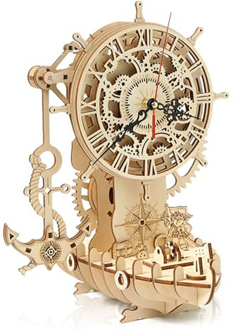 Hallisun 3D Holzpuzzle für Erwachsene, 3D Holzpuzzle Uhr Mechanischer Modellbausatz, Holz Uhr Bausatz mit Piratenschiff, Vintage Konstruktions Bastelset, DIY Weihnachtsgeburtstagsgeschenke 123 Teile