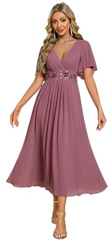 Ever-Pretty Vestito Donna Elegante Abito Cerimonia Donna con Applique e Collo V Midi Maniche a Volant Chiffon Stile Impero Orchidea 50