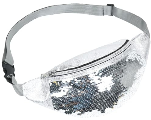 Bauchtasche Damen Silber Pailletten, Glitzer Gürteltasche mit Verstellbarer Gurt, Bauchtasche Disco Tasche für Damen Herren Karneval Accessoires Festival Party Reisen 80er 90er Jahre Outfit
