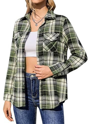 Aottori Flannel Checked Shirts Womens Long Sleeve Button Down Blouse Shirt Ladies Classic Plaid Shirts Cotton Casual Tunic Tops Black Green XXL