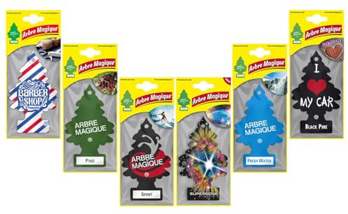 Arbre Magique Mono, Désodorisant Voiture, Parfum Intense et Structuré, Made in Italy, Coffret de 6 Pièces Assorties avec Barber Shop, Supernova, Pin Noir, Eau Fraîche, Sport et Pin