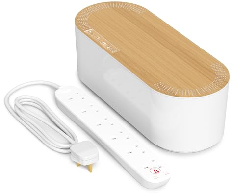 D-Line Cable Tidy Box with 6 Socket 2m Extension Lead 13amp Surge Protected, Cable Management Solution, TV Wire Tidy, Desk Cable Organiser - Large, White with Wood-Effect Lid