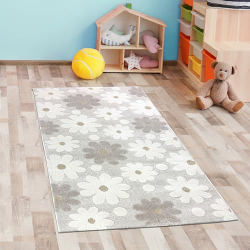 CARPETIA Teppich Kinderzimmer Babyzimmer Spielzimmer Blumenmuster pflegeleicht schadstofffrei weich kuschelig hygienisch langlebig liebevoll gestaltet Creme Beige 80 x 150 cm