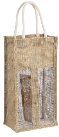 sourcing map 1 Pcs Wine Tote Bag, Reusable Burlap Wine Gift Bags with 2 Clear Windows and Cotton Handles for 2 Wine Bottles Wedding Gifts Beach Holiday Party Home Storage