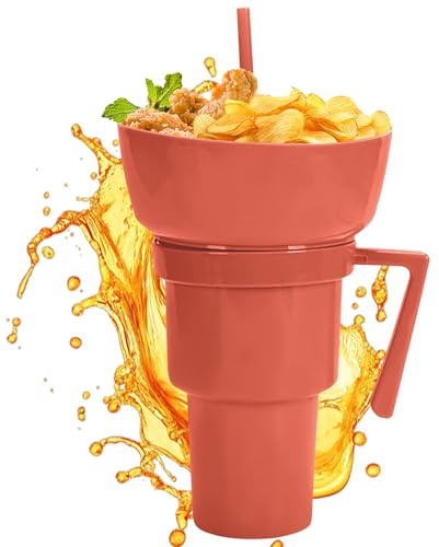 Cup and Bowl Combo,2-in-1 Reusable Snack Bowl Drink Cup with Straw - Beverage Food Container for Travel Milk Tea Juice Candy Chips Popcorn Fruit School Camping Beach