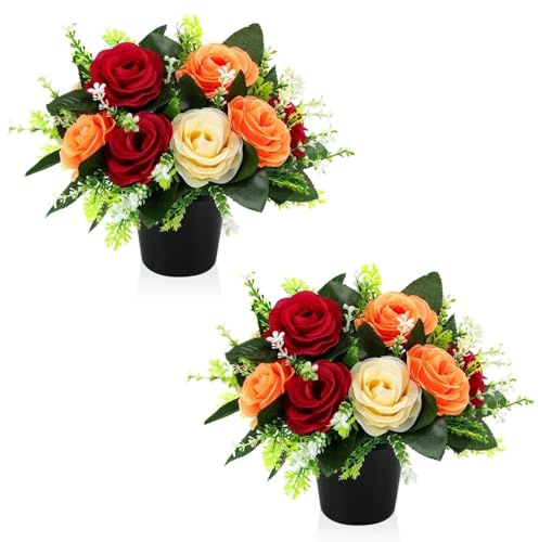 2 Pcs Artificial Flowers for Graves Pots, Red Yellow Orange Roses | Outdoor Decorations Cemetery Ornaments, for Cemetery, Grave Displays, Memorial Tributes, Home Garden Floral Arrange