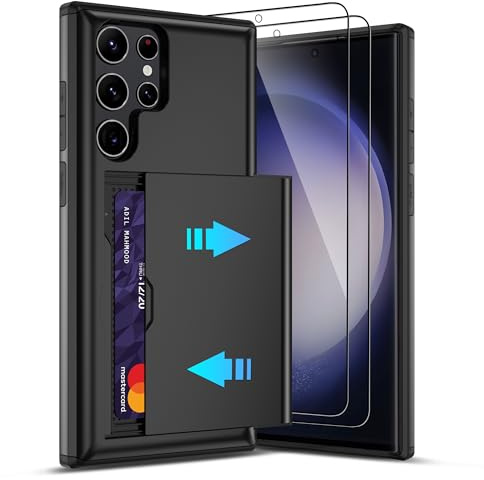 Pilaru Sliding Card Holder Case for Samsung S23 Ultra | Hidden Slot Cards | 2 screen protectors | Shockproof & Anti-Slip Protective Wallet Cover | Durable Dual-Layer Design for Galaxy S23 Ultra,Black