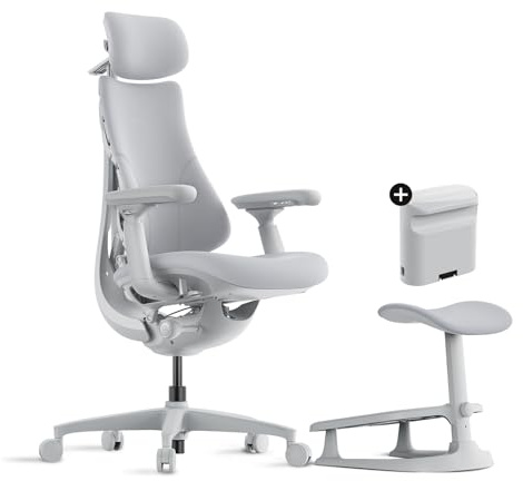 LiberNovo Ergonomischer Bürostuhl mit Fußstütze und Akku, Schreibtischstuhl mit adaptiver Lendenwirbelstütze, 160° Neigungswinkel und integrierter Wirbelsäulendehnung, Grau 48cm