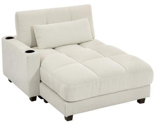 HOMCOM Chaiselongue 2 Sitzer Schlafsofa Cord-Optik 114 x 147 cm Cremeweiß | Sofa mit Bettfunktion, Links/Rechts Armlehne, Becherhalter und Lendenkissen, Couch für Wohnzimmer und Schlafzimmer