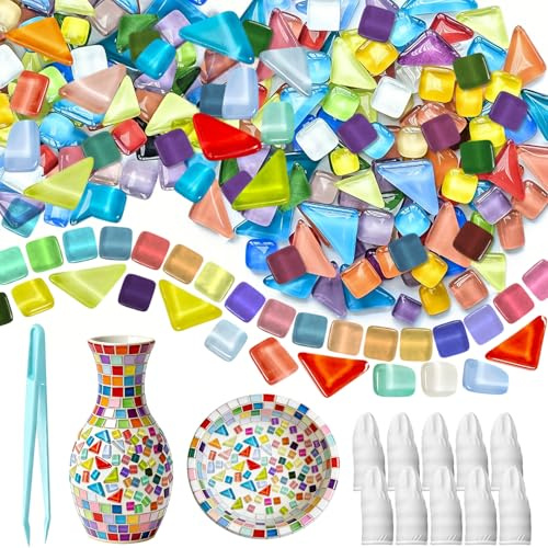 900g Crystal Glass Mosaic Tiles, Square & Irregular Mosaic Tiles Arts and Crafts with Tweezers, Mixed Color Mini Mosaic Kits for Adults Crafts,Plates,Vases,Home Decor(850Piece)