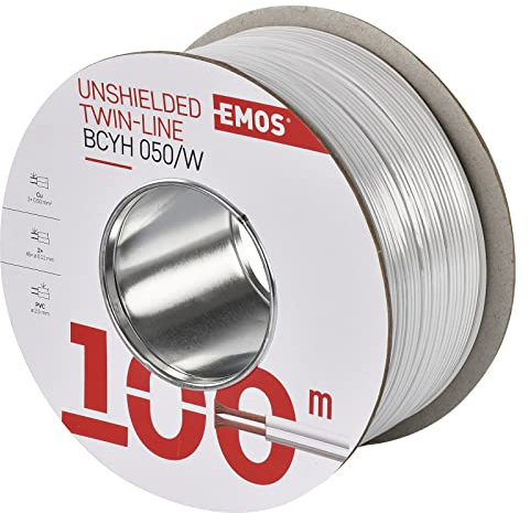 EMOS S8251 Cavo 2 x 0,5 mm², 100 m, in rame puro, a due fili, per bassa tensione, bianco con marcatura di polarità, 2 x 0,50 mm2, Set di 100 Pezzi