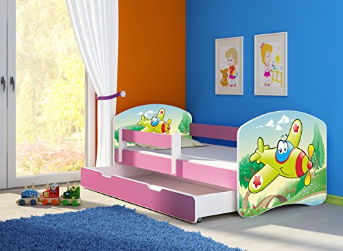 CLAMARO 'Fantasia Pink' 180 x 80 Kinderbett Set inkl. Matratze, Lattenrost und mit Bettkasten Schublade, mit verstellbarem Rausfallschutz und Kantenschutzleisten, Design: 29 Flugzeug