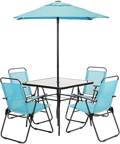BAKAJI Set Tavolo 85 x 85 cm in Vetro con 4 Sedie Pieghevoli in Texilene e Ombrellone con Struttura Tubolare in Metallo Arredo Giardino Terrazzo Azzurro