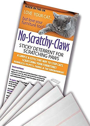 No Scratchy Claws Designed & Manufactured in the UK. Trialled and tested on our own three cats. Deterrent to Stop Cats Scratching Your Furniture. Double sided Cat Training Sticky Strips. Clear.