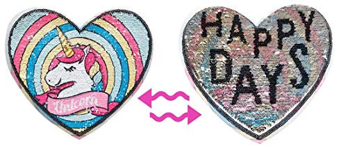 Veränderbare Muster Herzform Pailletten Applikation,schöne Einhorn Muster und Silber Happy Day Herzform Patch für kleine Mädchen Kleidung DIY Pailletten veränderbaren Patch,Regenbogen Einhorn