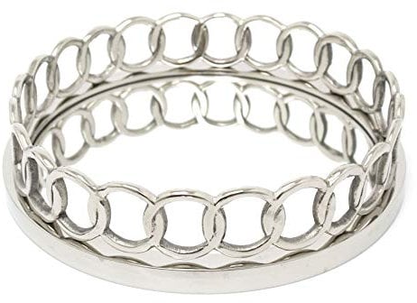 Carousel Home and Gifts Deluxe Silver Circle Links Mirrored Tray | 30.5cm Decorative Candle Tray Holder - Perfume Display Organiser, Table Centrepiece Decorative Tray