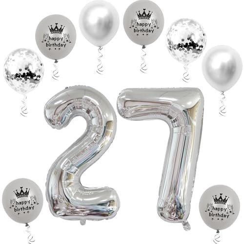 XL Folienballon 27 Geburtstag, Folienballon Zahl 27, Zahl 27 Silber, Luftballons Zahl 27, Nummer 27 Luftballon Silber, 32 Geburtstagsdeko Ballon 27