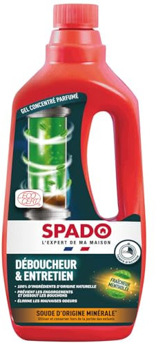 SPADO - Déboucheur et entretien 100% naturel - Action 3 en 1 - Prévient et élimine les bouchons, détruit les odeurs - Parfum menthe naturel - Ecocert - 1L - Fabriqué en France