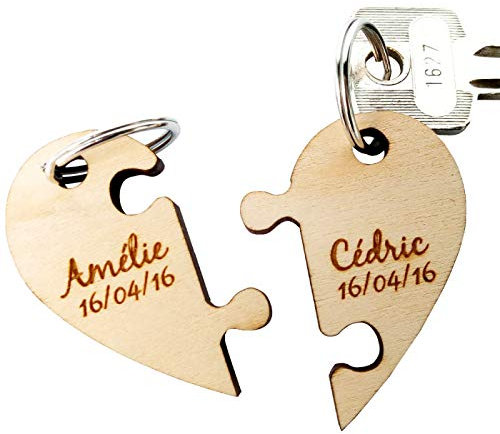 Porte clef Bois Personnalisable - Porte Clés Couple en Bois - Dimensions 50 x 45 mm - Porte Clefs Bois à Personnaliser - Porte Clé Personnalisé