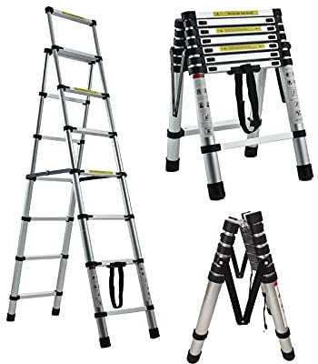 Attic Ladder Aluminium A-Frame 6.4ft/6 + 7Steps Step Ladder Telescoping Ladder Extension Multi Purpose Ladder Heavy Duty 150KG/330lbs Load Capacity, Easy to Store, 2.0-2.3m & EN131