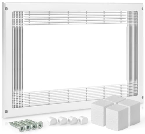 AZERODESIGN- Marco Microondas - Embellecedor Microondas -Marco Microondas Blanco 40x60 cm- Incluye Tornillos, Tapas Embellecedoras y 4 Tacos en Polietileno-Rejilla Recortable