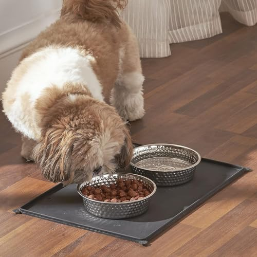 Penguin Home® Tapis d'alimentation Noir antidérapant pour Animaux de Compagnie avec 2 Bols en Acier Inoxydable martelé | Tapis imperméable de qualité Alimentaire pour Animaux de Compagnie|