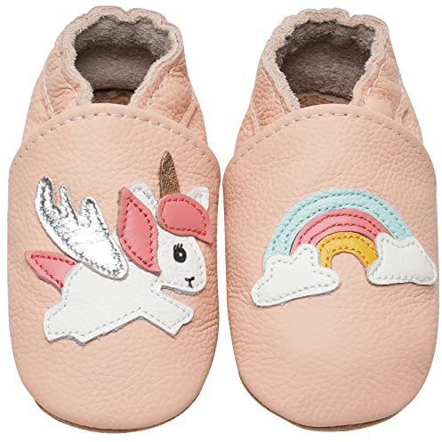 IceUnicorn Krabbelschuhe Baby Lauflernschuhe Jungen Weiche Leder Babyschuhe Kleinkind Lederschuhe mädchen Babyhausschuhe(Regenbogen Einhorn, 12-18)