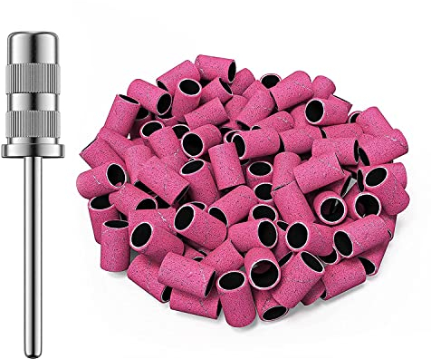 MelodySusie 100stk Schleifhülsen Schleifkappen Nagelfräser Aufsatz Schleifbänder 180 mit 1 Mandrel Aufsatz für Maniküre Pediküre Nageldesign Nagelkunst Nagelpflege (Rosa)