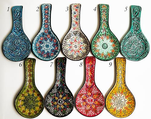 Multi-colored Ceramic Spoon Rest, Kitchen Porcelain Spoon Holder, Large Size Cooking Utensil Rest for Counter Stove Top for Spoons, Ladles, Tong, Kitchen Accessories, Hand Painted (WHITE)