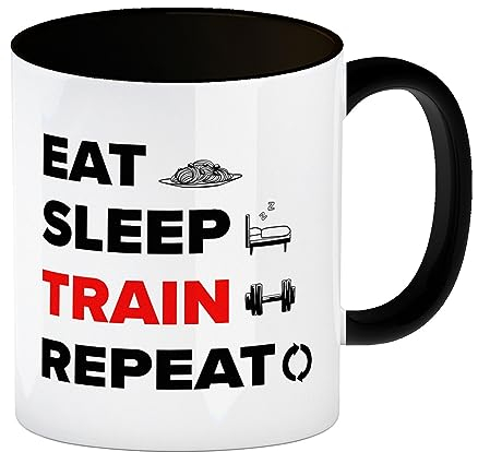 speecheese Eat Sleep Train Repeat Fitness Kaffeebecher Schwarz