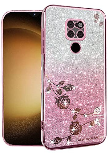 Yarxiawin Cover per Huawei Mate 20 Trasparente Silicone Effetto Glitter, Lusso Brillantini Custodia Fiore Protezione Antiurto Rosa Case Morbido Sottile (Rosa)