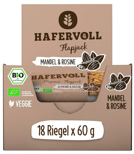 HAFERVOLL Organic Flapjack Almond & Raisin, 18 x 60 g Müsliriegel - Bio-zertifiziert, mit Honig ohne Zusatz von Zucker, Hafer, im Ofen gebacken