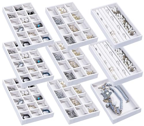 Frebeauty Jewellery Organizer Tray, Stackable Velvet Jewellery Trays, Drawer Inserts, Earring Organizer for Women and Girls, Jewellery Storage, Display Case for Rings, Studs, Necklaces, 21.6