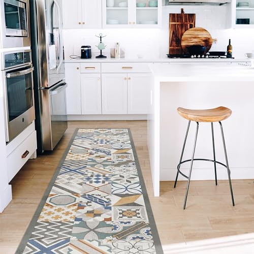 CREARREDA Tapis de Cuisine Carreaux de Ciment, 240 x 50 cm, Vinyle antidérapant et Lavable, Tapis de Cuisine, 100% Lavable, 100% Made in Italy Ligne Deluxe