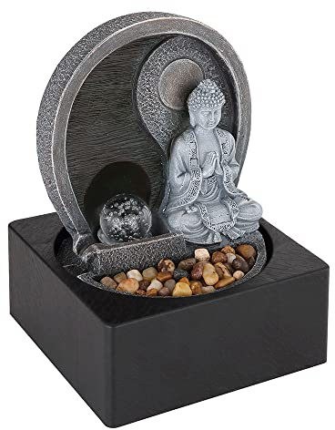 LED Tischbrunnen Wohnzimmer Zierbrunnen Dekoleuchte Asia Zimmerbrunnen Wasserspiel, mit 1,5m Kabel und Pumpe Buddha Design, anthrazit grau, 4x 0,13W LED 3000K 3W Pumpe, L x B x H 18 x 18 x 24 cm