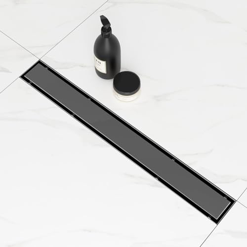 SaniteModar Duschrinne schwarz, 61 cm, 2-in-1, flacher und Flieseneinsatz, lineare Ablaufabdeckung, hohe Rate Duschbodenablauf, rechteckiger Duschablauf mit Haarfänger und Nivellierfüßen