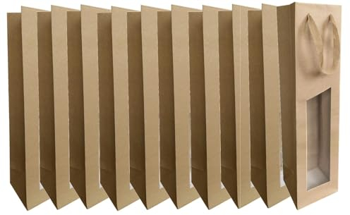 CREASTYL Ludi-Vin - Bolsas de Papel Kraft Crudo con Ventana Transparente para 1 Botella de Vino (10 Unidades)