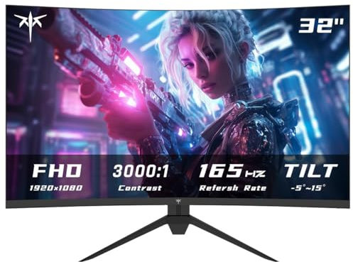 KTC Monitor da gioco curvo da 32 pollici, monitor per PC FHD 1080P 165Hz, 1500R, 122% sRGB con HDR, FreeSync Premium, HDMI 2.0x2, DisplayPort 1.4, compatibile VESA, inclinazione regolabile, cura degli