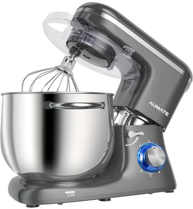 Aumate Robot Pâtissier, Robot de Cuisine Professionnel 1400 W 8 L, Robot Pétrin avec Fouet, Batteur et Crochet Pétrisseur, 6+P Vitesses (Gris)