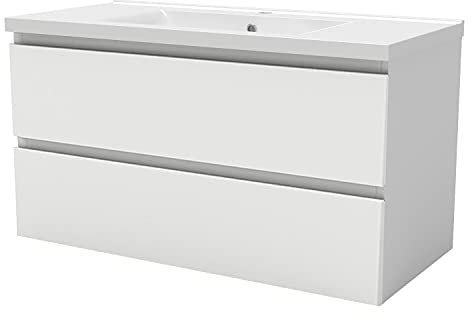 Acezanble 1000mm Bathroom Vanity Unit With Wash Basin Ceramic Sink, 2 Drawers, High Gloss White, Cloakroom Storage Furniture Under Basin Cabinet, Wall Hung Cabinets