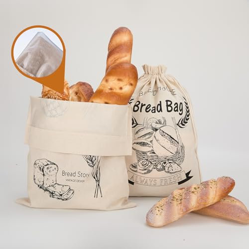 Bread Bags for Homemade Bread, Reusable Organic Linen Bread Bag with Plastic Liner, Keeps Homemade Bread Fresh, Bread Storage Bags with Drawstring Closure for Sourdough, 2 Packs, 12 x 17 XL
