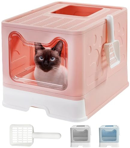 JUPPLIES - Arenero para Gatos Cerrado Con Doble Entrada - Caja de Arena Cubierta 51x38x41cm - Bandeja Extraíble y Pala - Fácil Limpieza (Rosa)